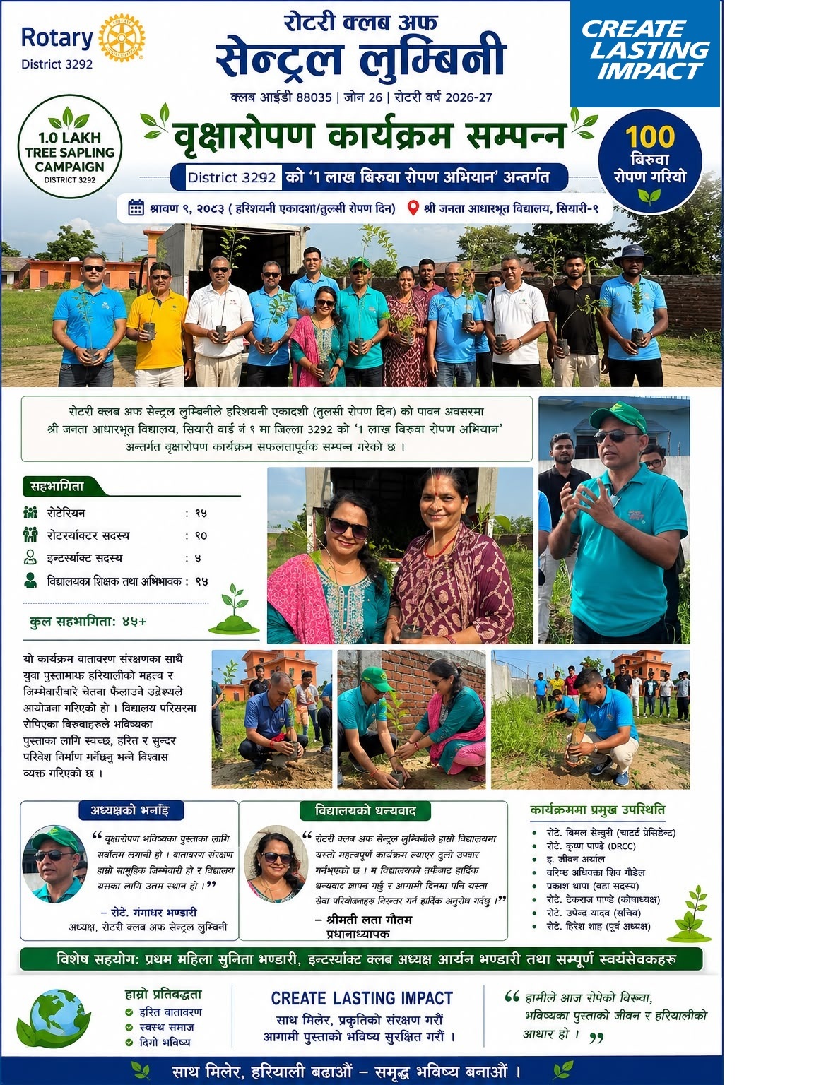 Rotary Club of Central Lumbini Plants 100 Saplings Under District 3292’s One Lakh Tree Plantation Campaign
